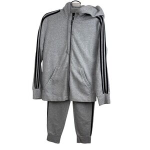 Adidas Gray 3 Stripe Full Zip Hoodie Jogger Set Tracksuit Athleisure Womens Med
